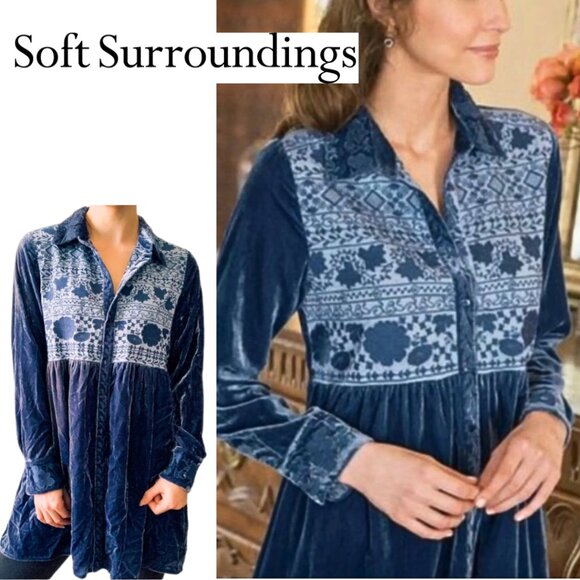 Soft Surroundings, Velvet Embroidered Long Sleeve Button Down Tunic Top, Blue - Picture 1 of 6